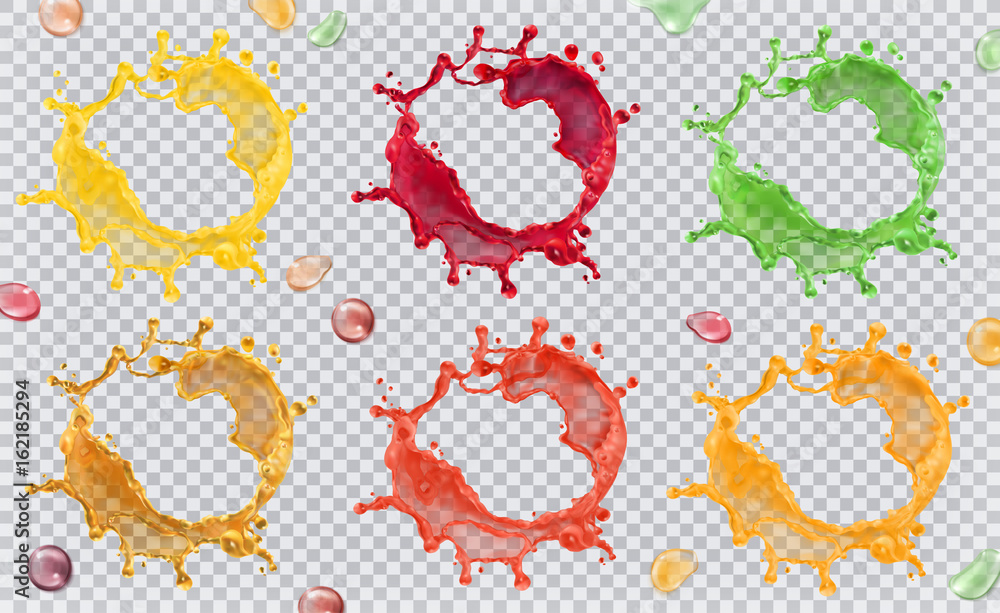 Fruit juice, splashes of paint. 3d vector icon set