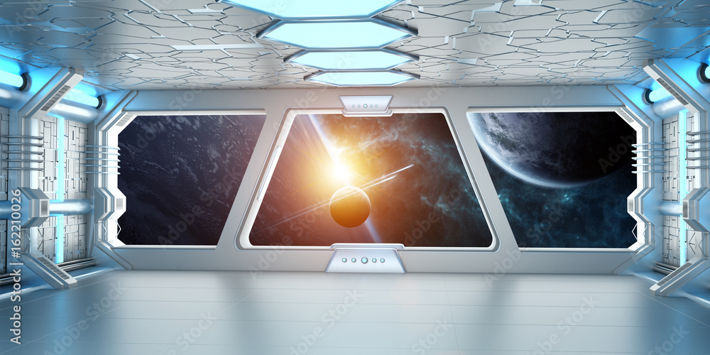 Spaceship interior with view on distant planets system 3D rendering elements of this image furnished