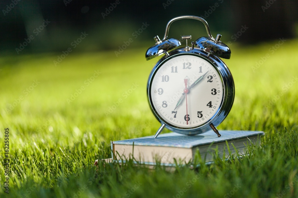 Clock and book on grass.