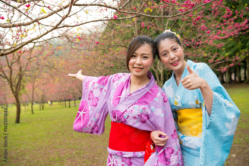 Happy women wearing traditional kimono travel