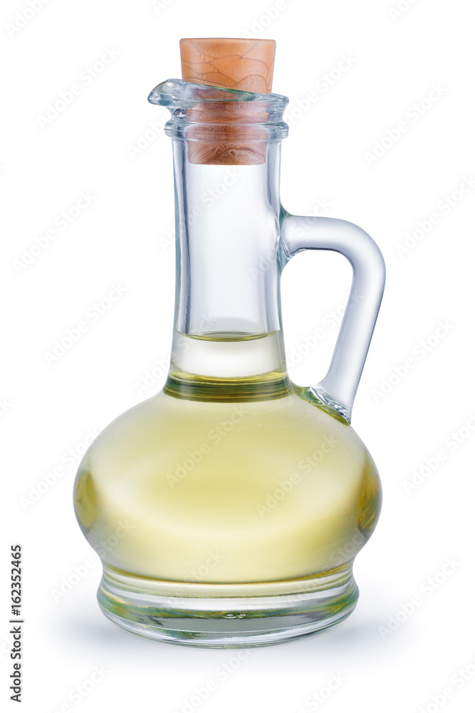 Oil in bottle isolated on white background. Coconut oil. Olive oil. Sunflower oil. With clipping pat