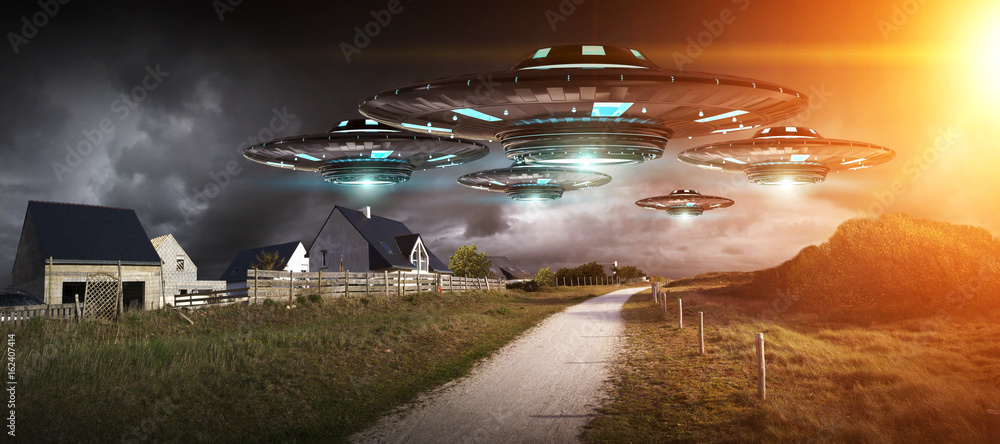 UFO invasion on planet earth landascape 3D rendering