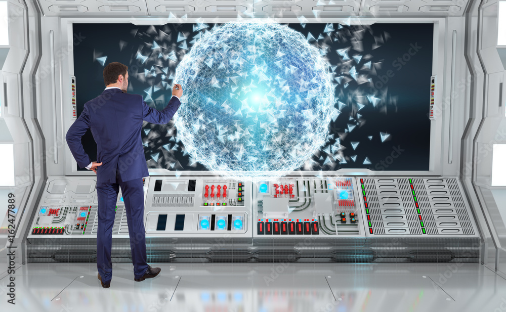 Businessman using digital planet earth interface on a board 3D rendering