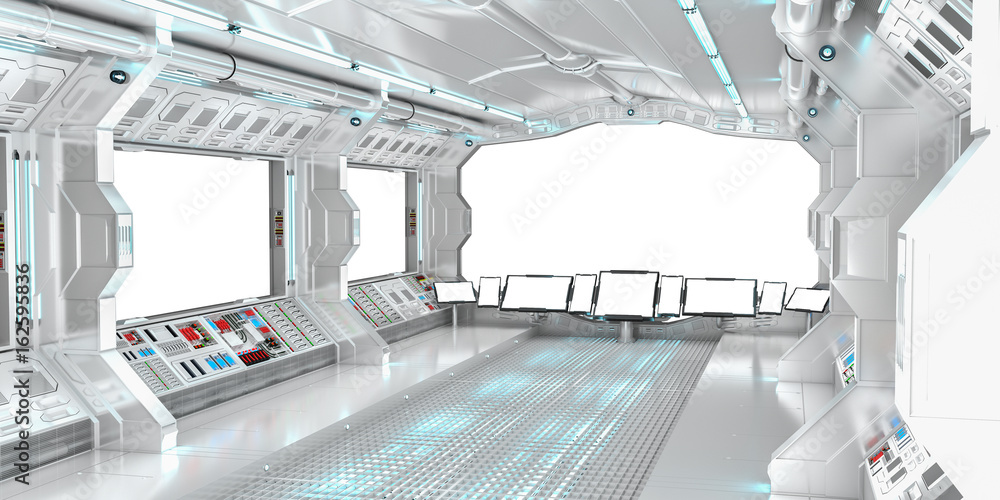 太空船内部，可在白窗上观看3D渲染