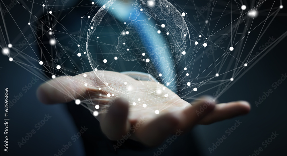 Businessman using flying earth network interface 3D rendering