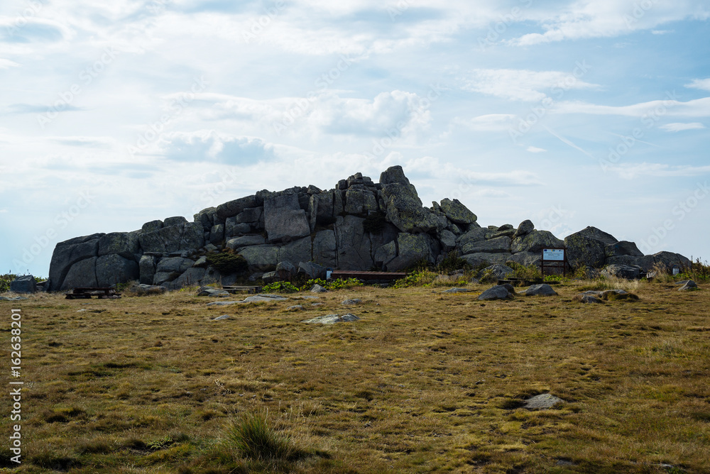 Beautiful landscape with stones and magnificent cloudy sky. Vitosha mountain, Sofia, Bulgaria.