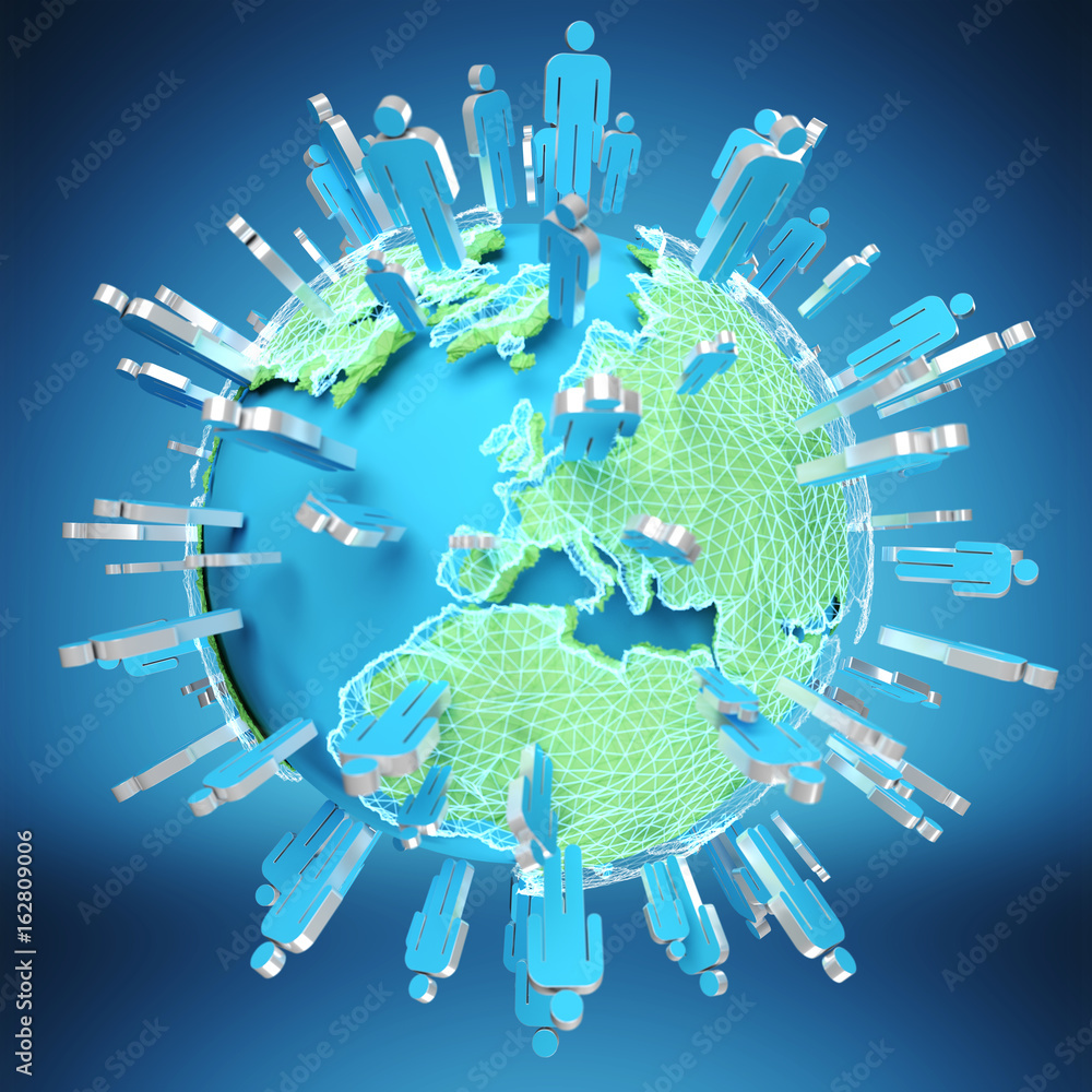 3D rendering group of icons people surrounding planet Earth