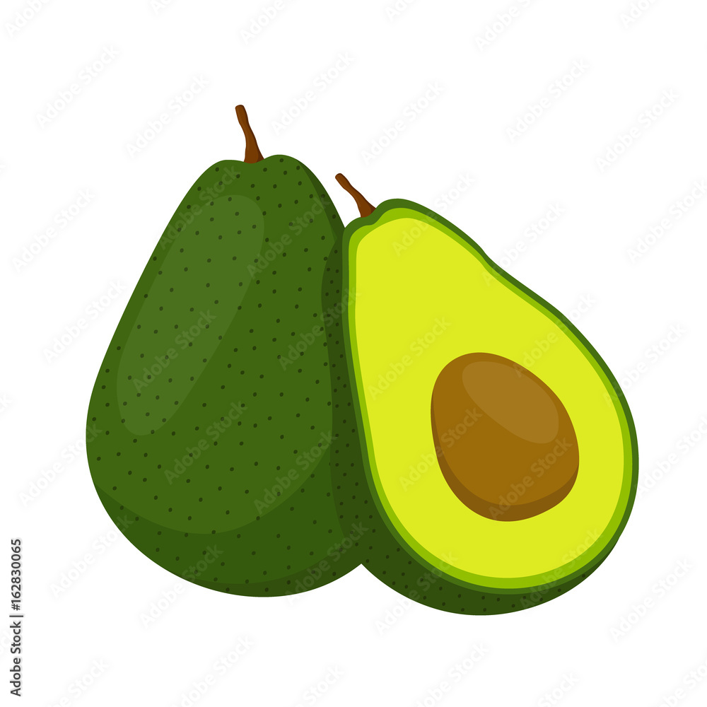 Avocado whole and slice. Tropical summer fruit. Cartoon flat style