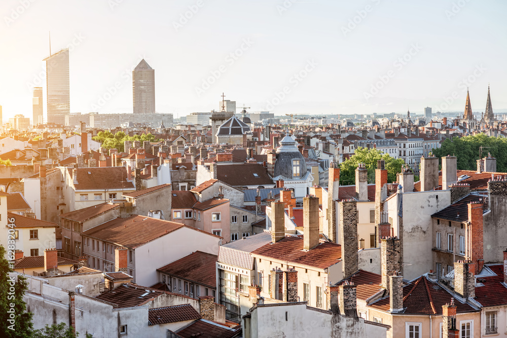 Morning aerial cityscape view with beautiful old buildings and skyscrapers in Lyon city, France