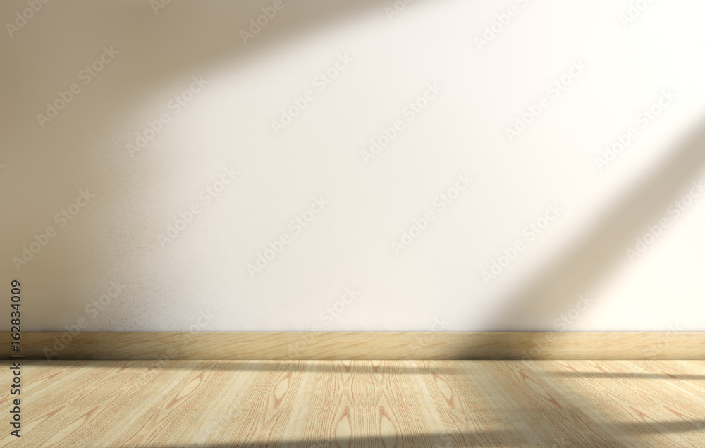 Fondo de arquitectura.Interior de casa.Habitación vacia con suelo de madera y pared blanca.Luz del s