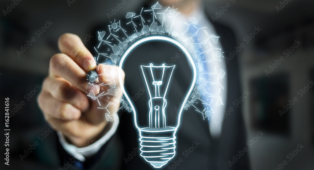 Businessman drawing renewable eco lightbulb sketch