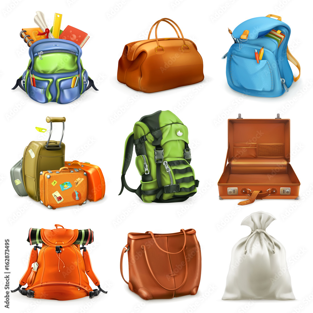 Bags set. Backpack, schoolbag, suitcase, sack, 3d vector icon