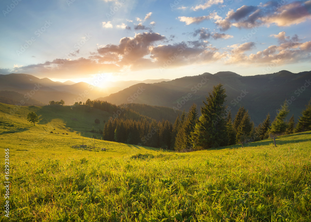 Sunset in the mountain valley. Beautiful natural landscape in the summer time