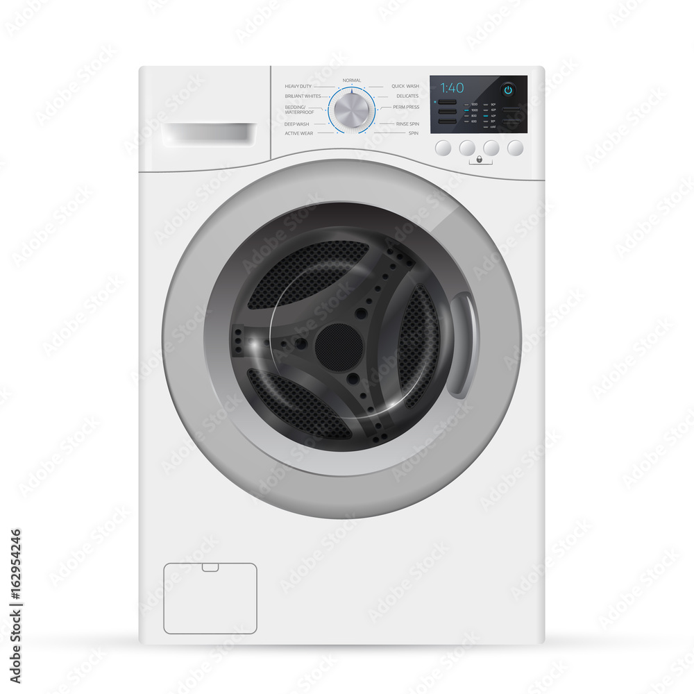 Realistic white front loading washing machine on a white background