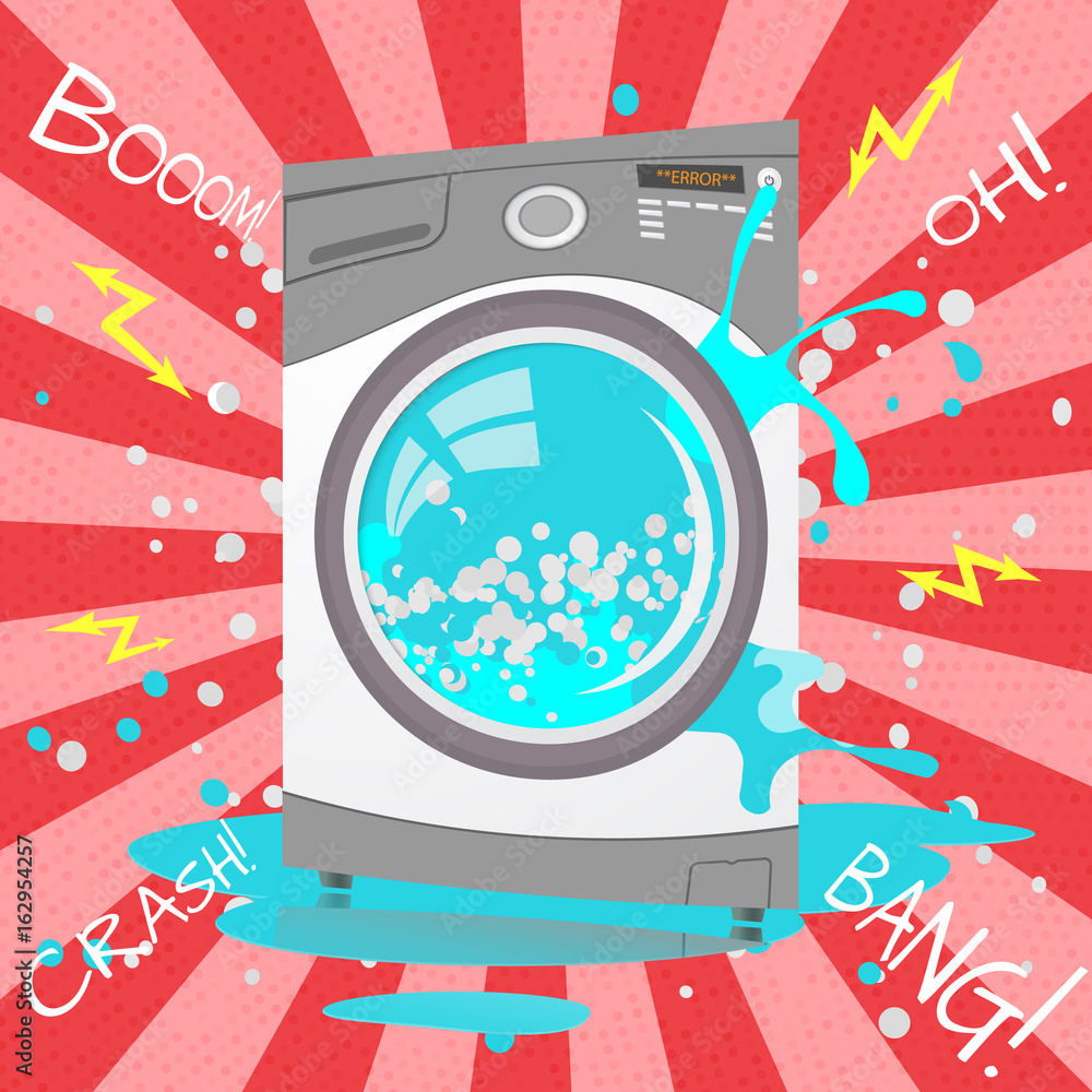 Broken washing machine in cartoon style. Bubbles,Sparks