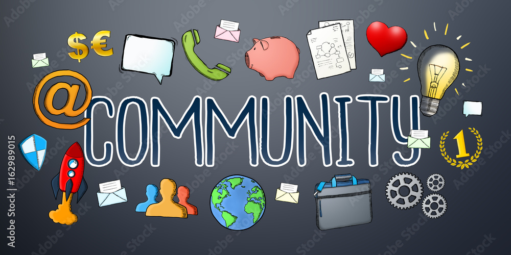 Hand-drawn community text with icon