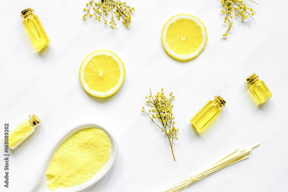 Spa with essential oil and salt on white background top view