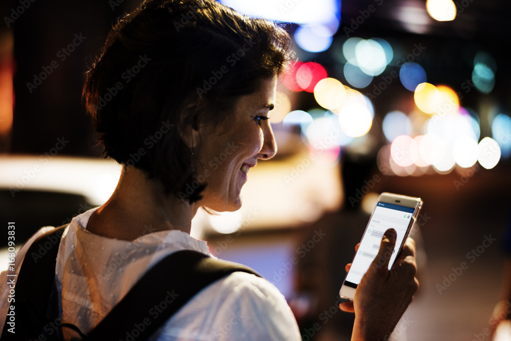 Adult Woman Using Mobile Phone Night Time