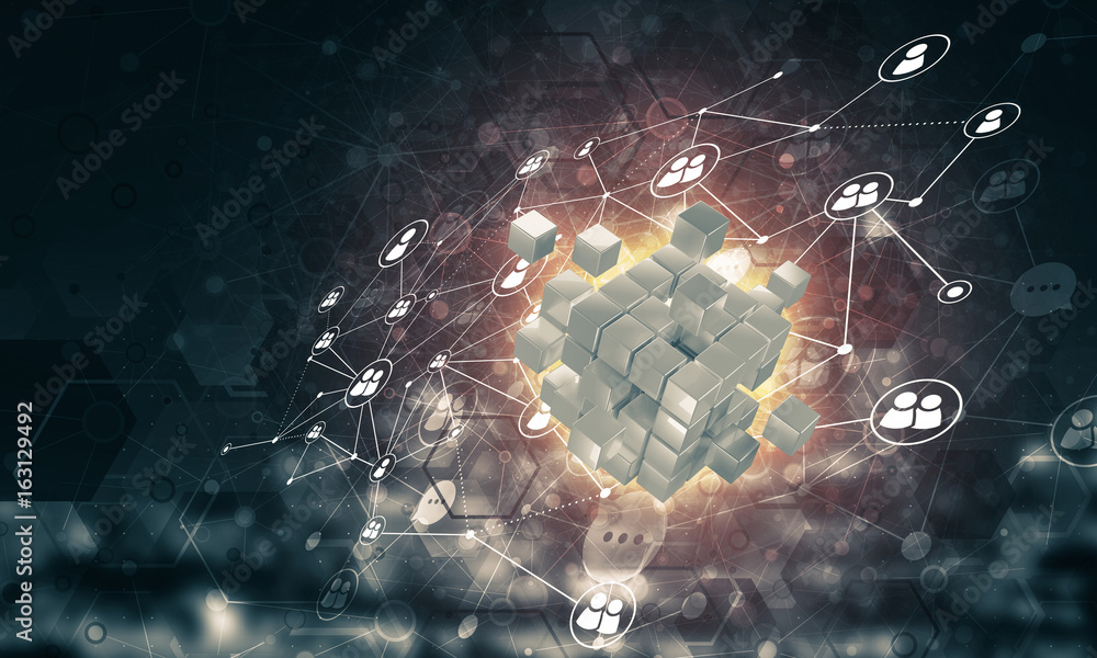 Concept of Internet and networking with digital cube figure on d