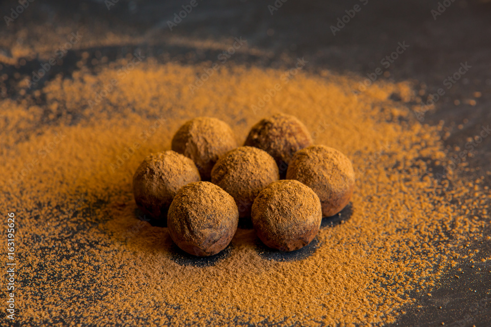 Chocolate truffle,Truffle chocolate candies with cocoa powder.Homemade fresh energy balls with choco