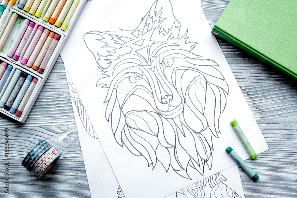 coloring picture for adults on wooden background top view