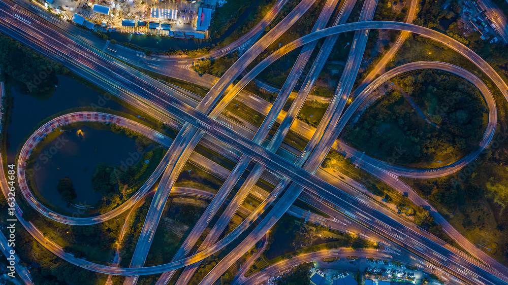 Aerial view interchange of Bangkok City, Shot from drone, Expressway, Motorway, Highway is an import