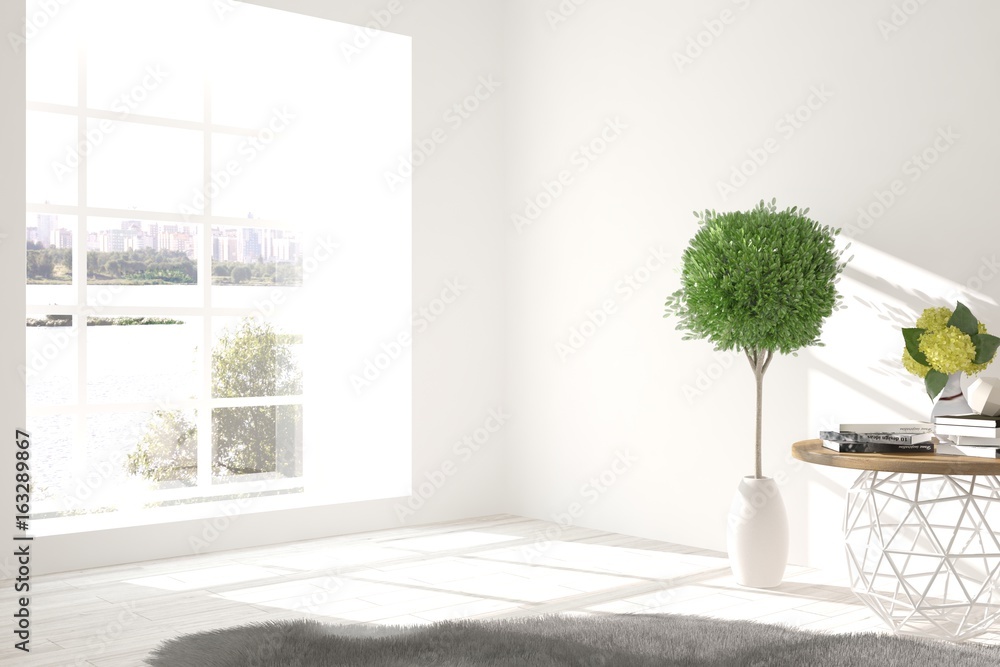 White empty room with urban landscape in window. Scandinavian interior design. 3D illustration