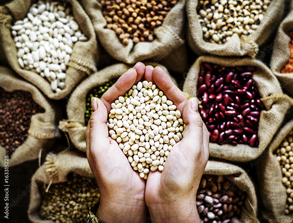 Variety of beans products on the sack