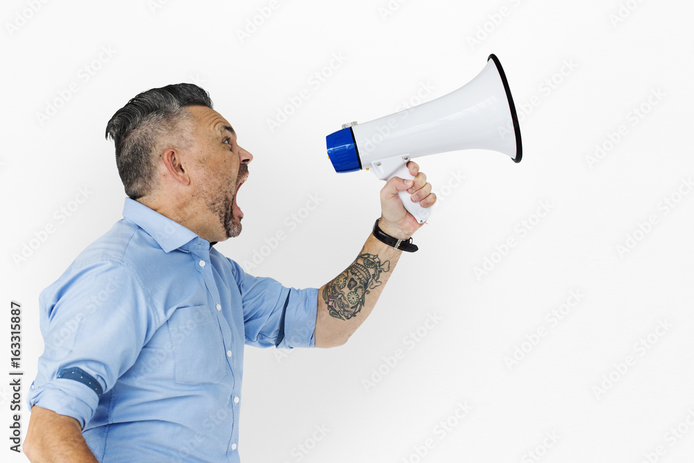 Man Holding Megaphone Studio Concept