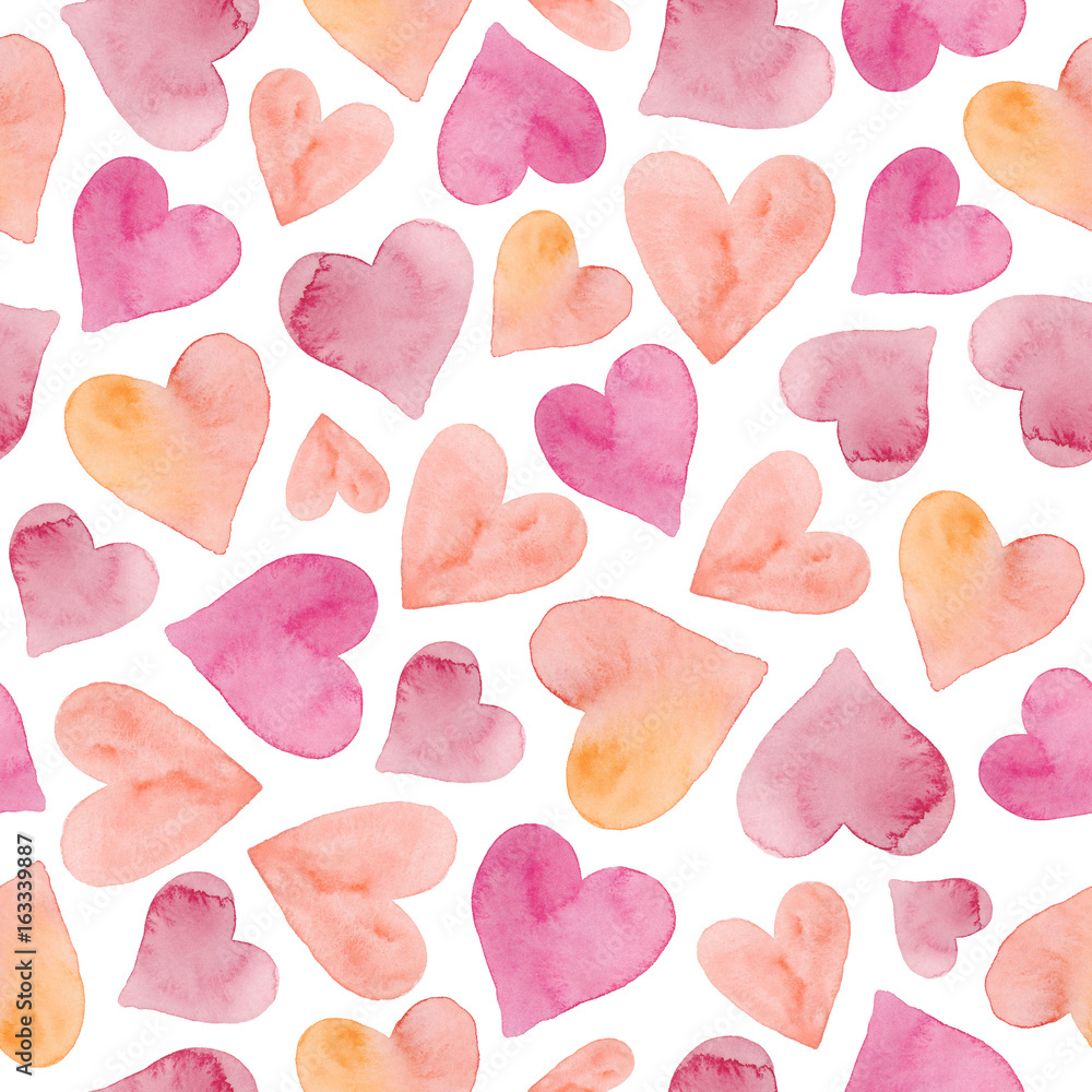 Watercolor seamless pattern with hearts. Watercolor wedding background. Watercolor romantic texture.