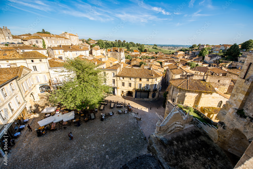 Beautiful cityscape view on Saint Emilion village in Bordeaux region during the sunset in France