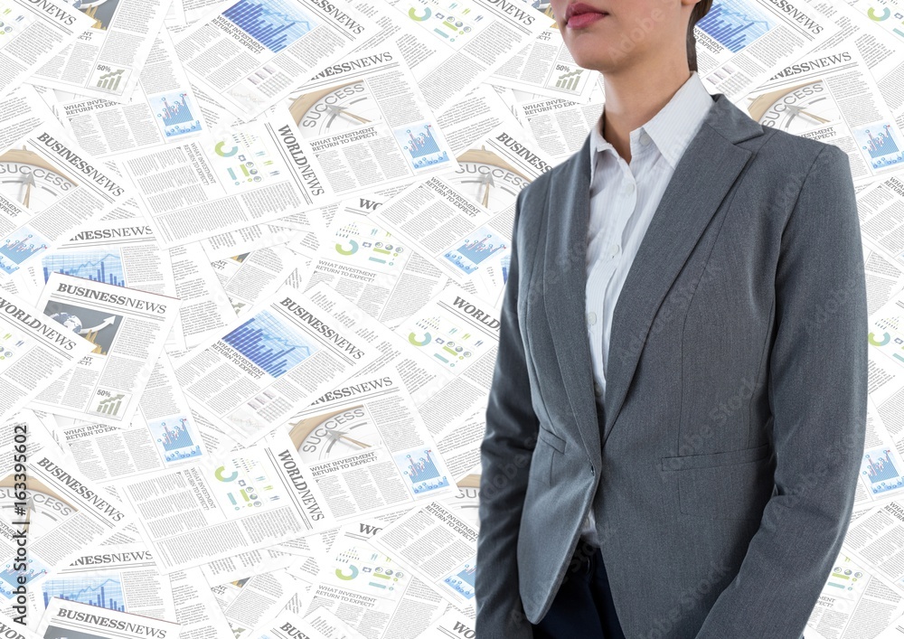 Business woman mid section against document backdrop