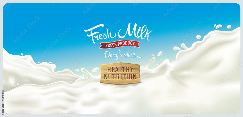 Design elements of dairy products - splash of milk, with a set of inscription.