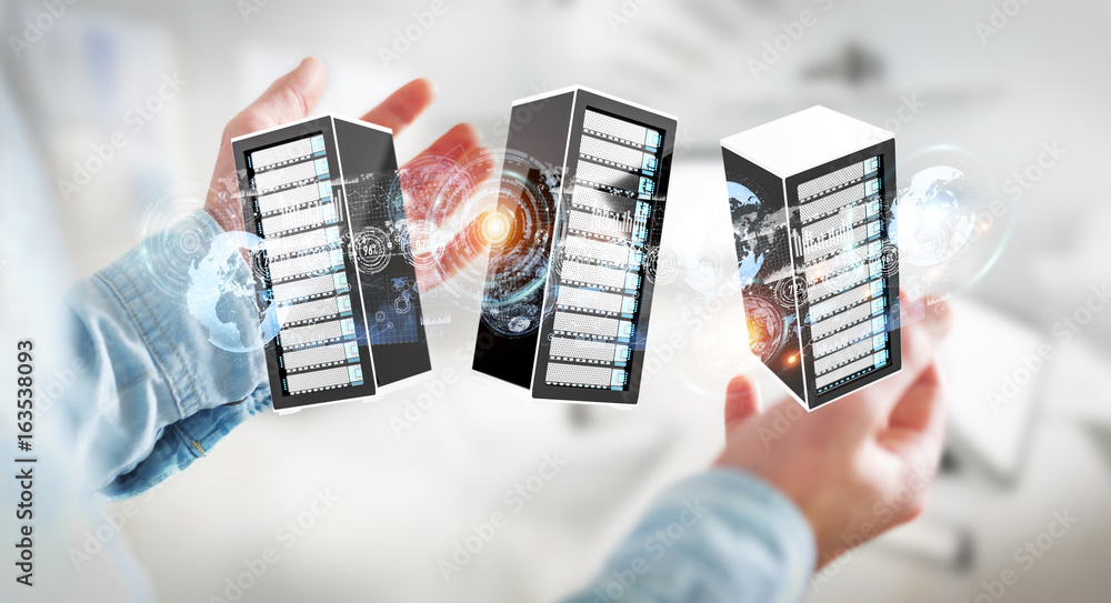 Businessman connecting servers room data center 3D rendering