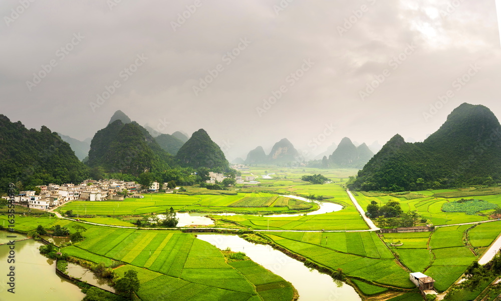 Stunning rice field view with karst formations China