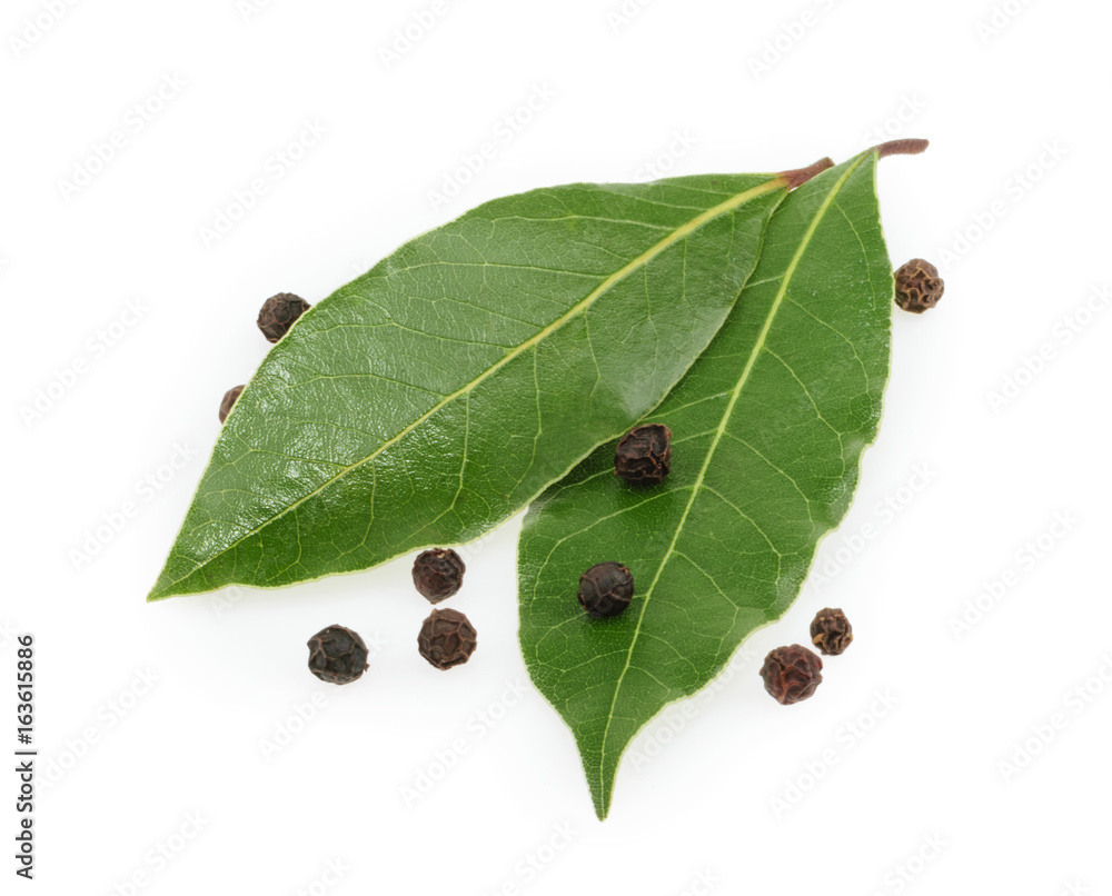 Bay leaves and spices isolated on a white