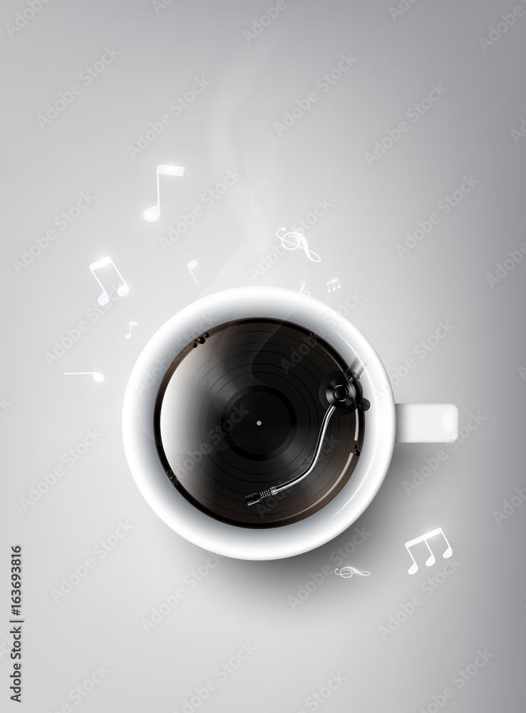 A realistic cup of black coffee and record vinyl in cup in flat lay view, relax time concept, vector