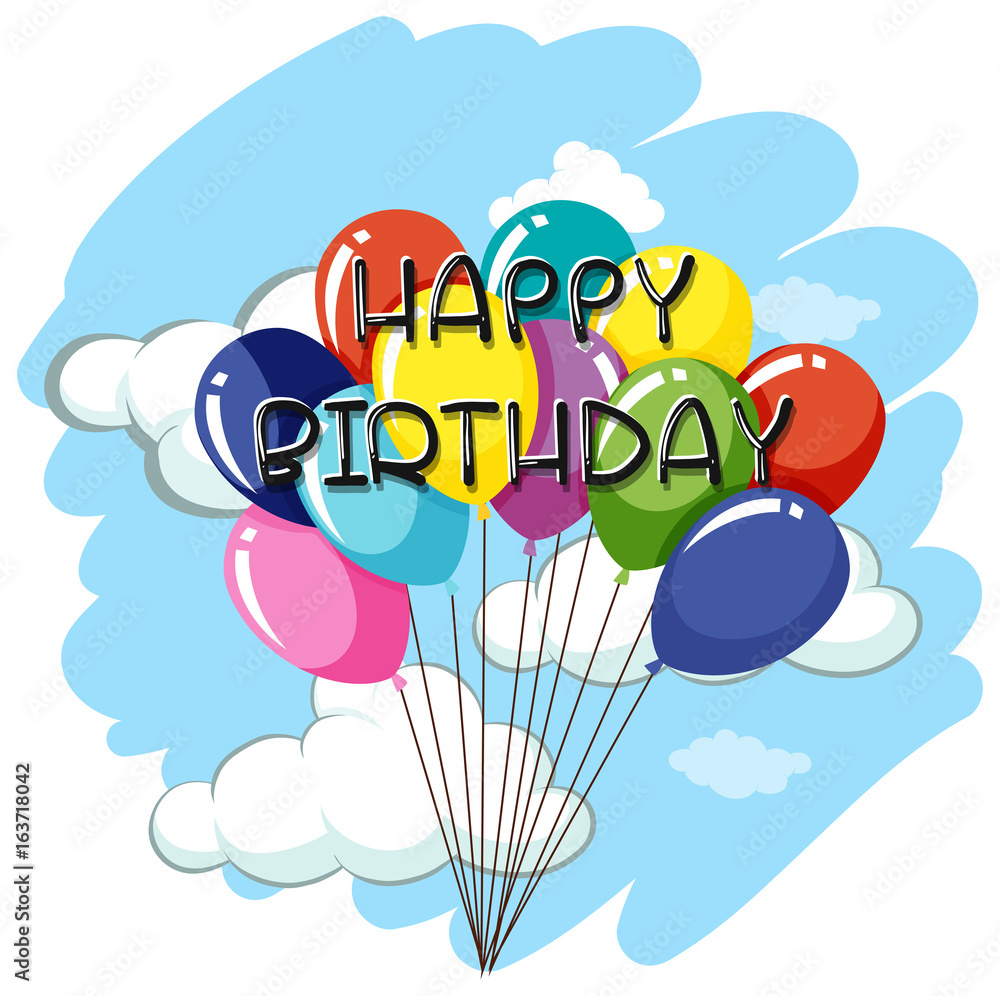 Happy Birthday card template with balloons in sky