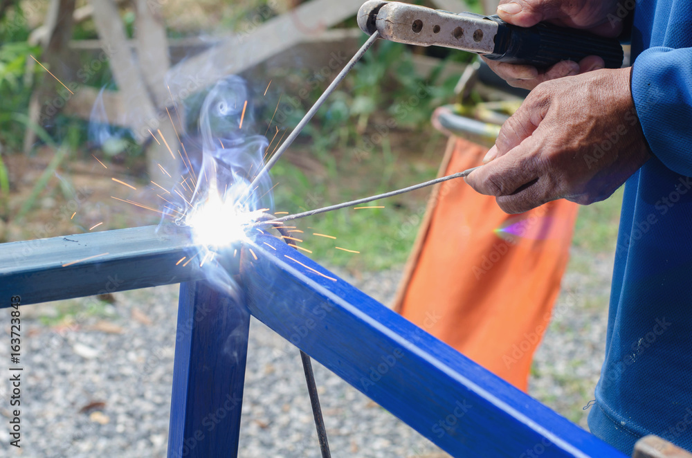 Industrial Worker at the factory welding closeup no safety