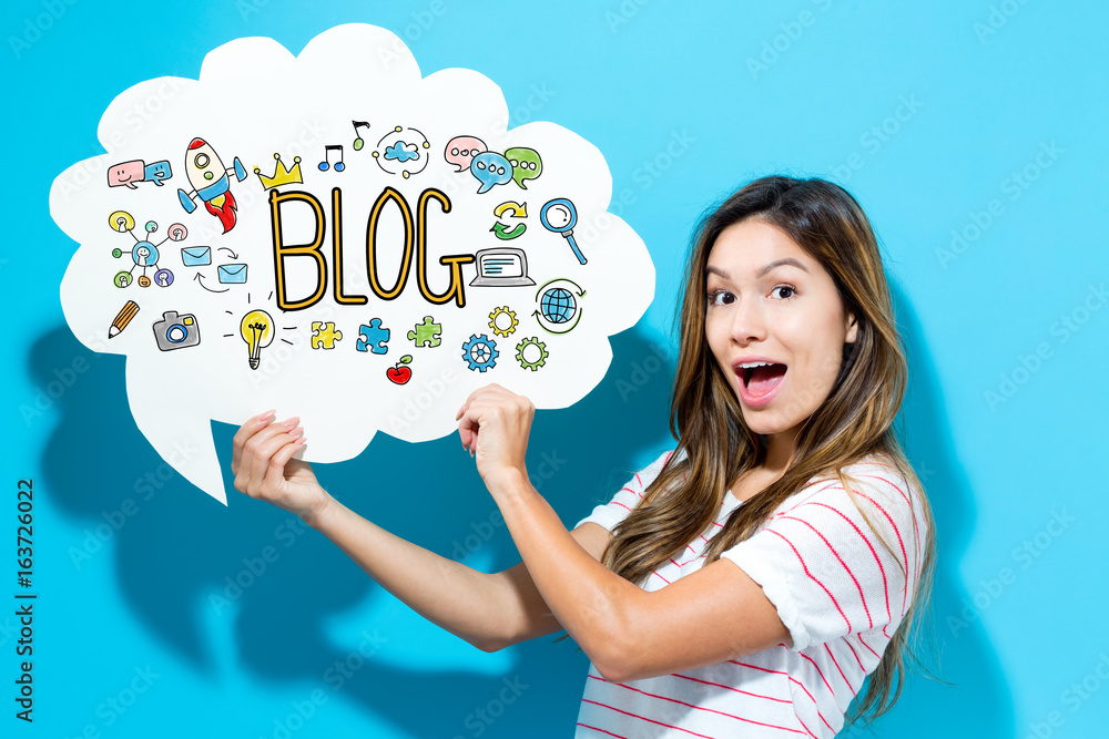 Blog text with young woman holding a speech bubble on a blue background