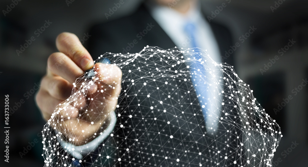 Businessman holding flying network sphere 3D rendering