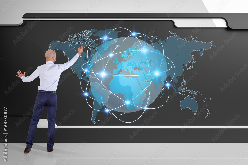 Businessman using digital planet earth interface on a board 3D rendering