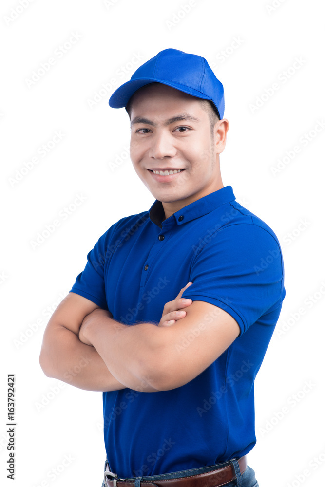 Asian Man in Blue Uniform. White Background.