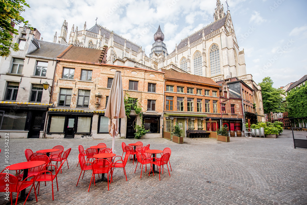 Street view with cafe terrace during the morning in Antwerpen city in Belgium