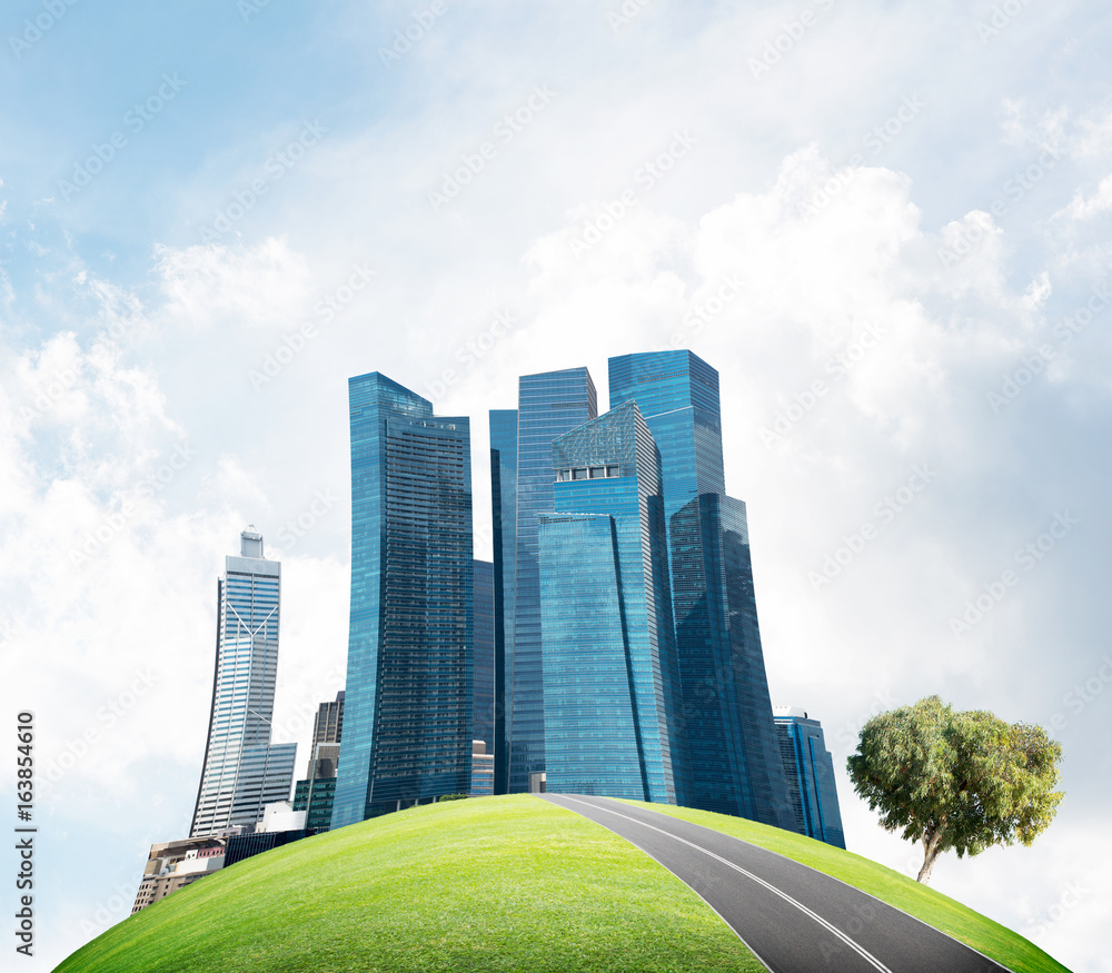 Concept of ecology life with skyscrapers and green landscape on round surface