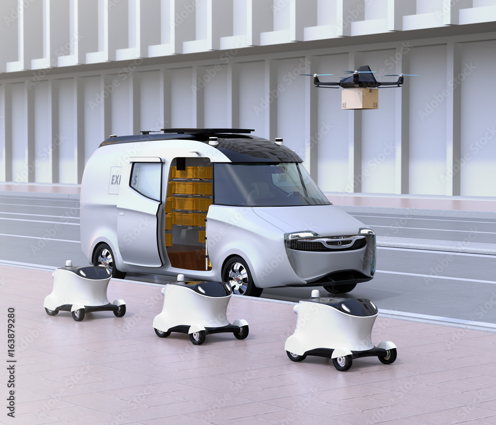 Fleet of self-driving delivery robots, van and drone at the side of road. Automatic delivery system 