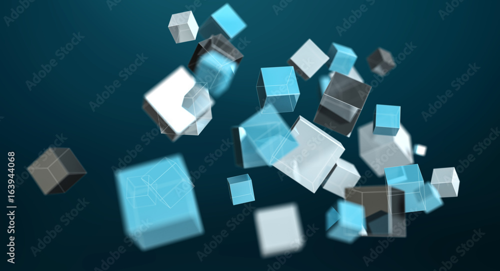 Floating blue shiny cube network 3D rendering