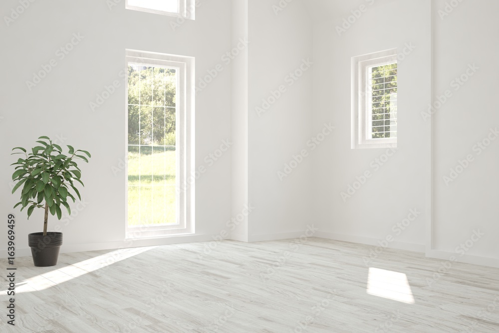 White empty room with green landscape in window. Scandinavian interior design. 3D illustration