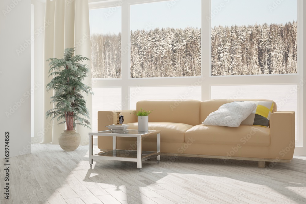 White room with sofa and winter landscape in window. Scandinavian interior design. 3D illustration