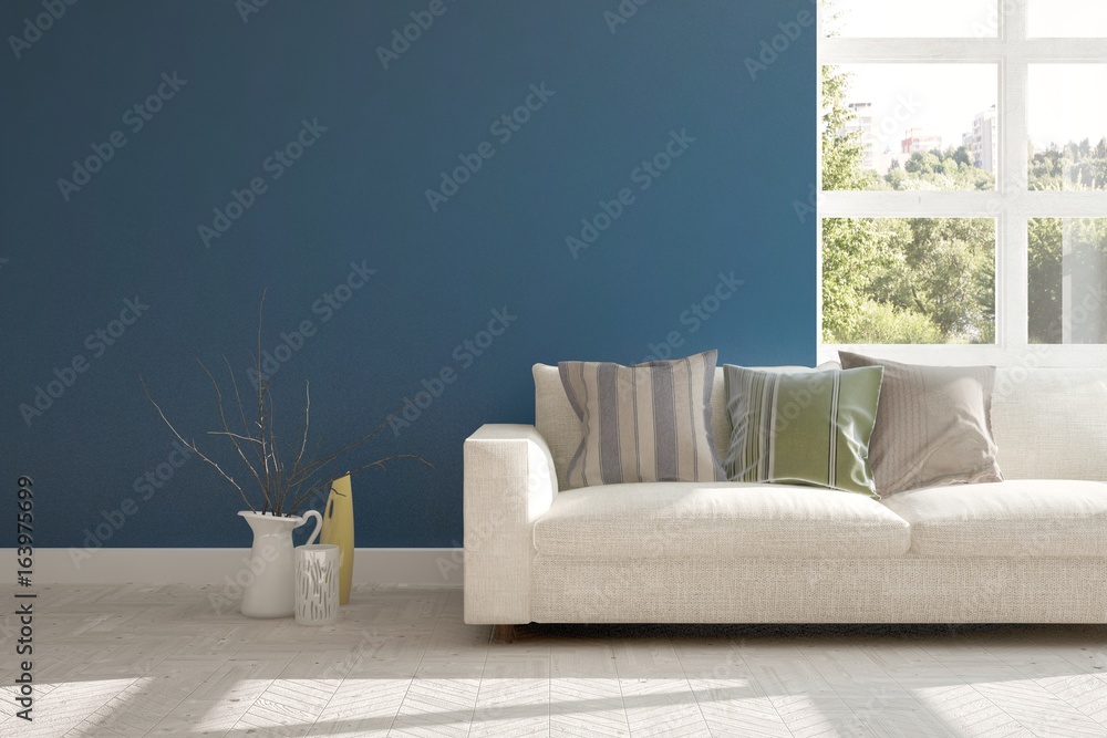 White room with sofa and green landscape in window. Scandinavian interior design. 3D illustration